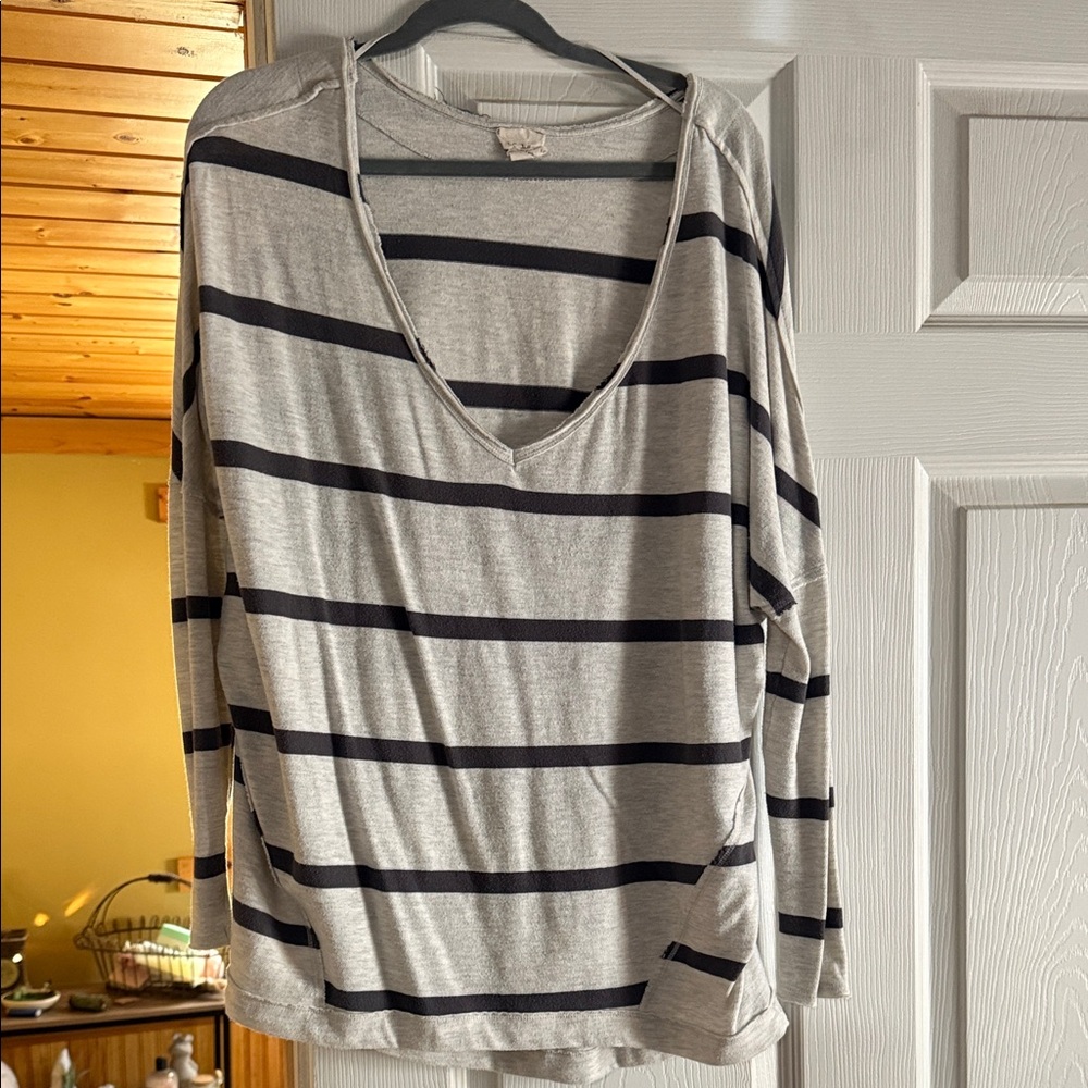 We The Free Charcoal and Light Gray Striped Long Sleeve Tee